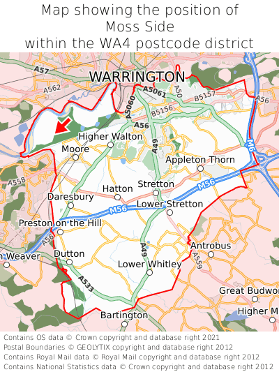 Map showing location of Moss Side within WA4