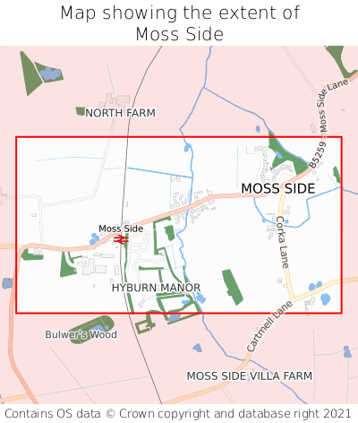 Map showing extent of Moss Side as bounding box