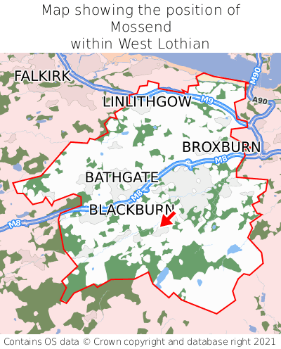 Map showing location of Mossend within West Lothian