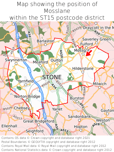 Map showing location of Mosslane within ST15