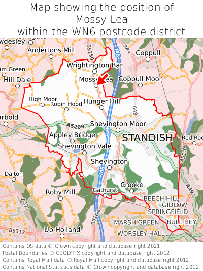 Map showing location of Mossy Lea within WN6