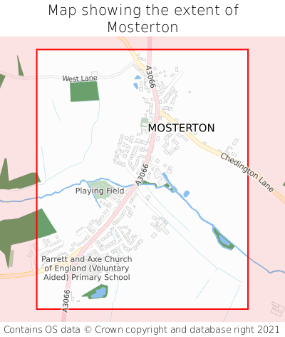 Map showing extent of Mosterton as bounding box