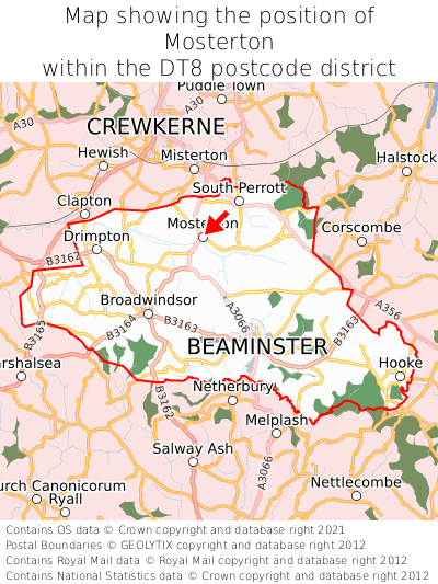 Map showing location of Mosterton within DT8