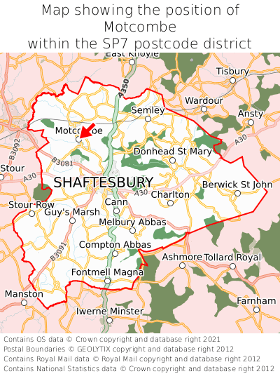 Map showing location of Motcombe within SP7