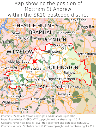 Map showing location of Mottram St Andrew within SK10