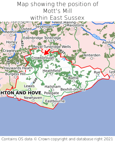 Map showing location of Mott's Mill within East Sussex