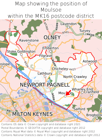 Map showing location of Moulsoe within MK16