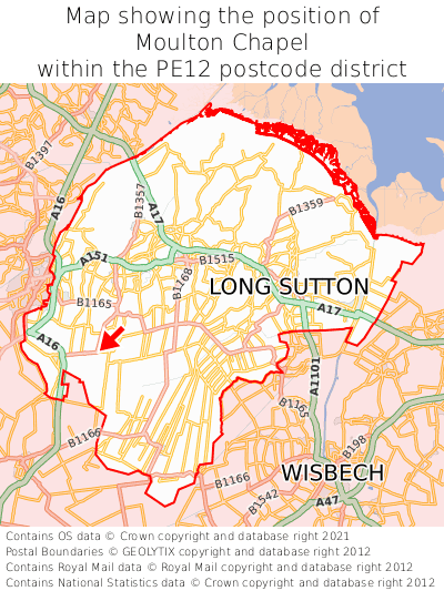 Map showing location of Moulton Chapel within PE12