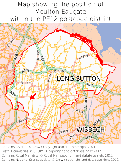 Map showing location of Moulton Eaugate within PE12