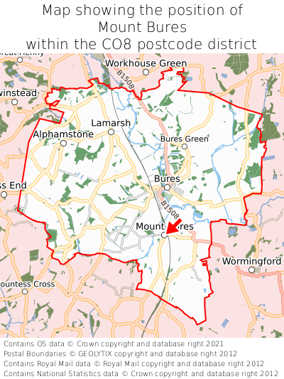 Map showing location of Mount Bures within CO8