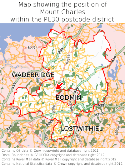 Map showing location of Mount Charles within PL30