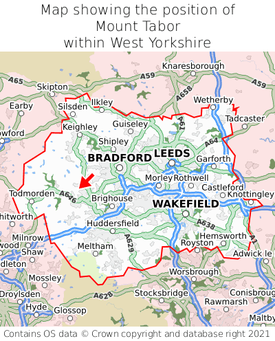 Map showing location of Mount Tabor within West Yorkshire