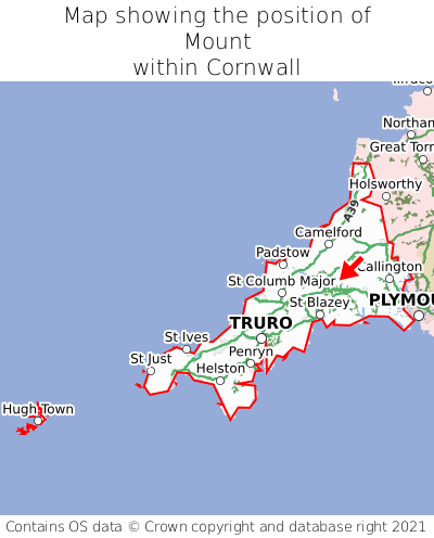 Map showing location of Mount within Cornwall