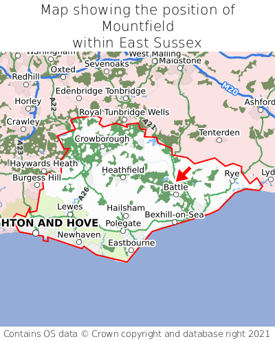 Map showing location of Mountfield within East Sussex