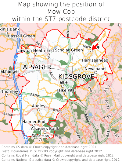 Map showing location of Mow Cop within ST7