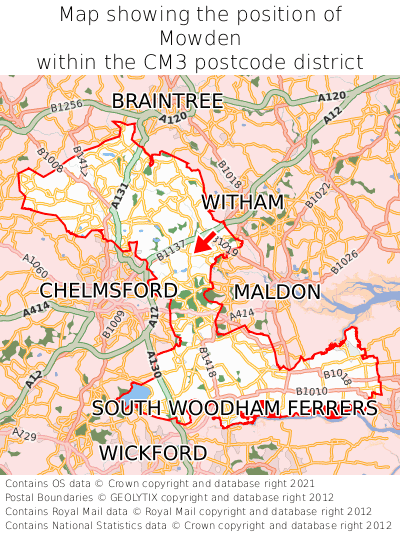 Map showing location of Mowden within CM3