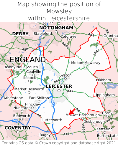 Map showing location of Mowsley within Leicestershire