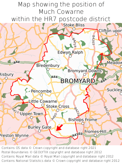 Map showing location of Much Cowarne within HR7