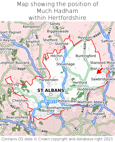 Map showing location of Much Hadham within Hertfordshire