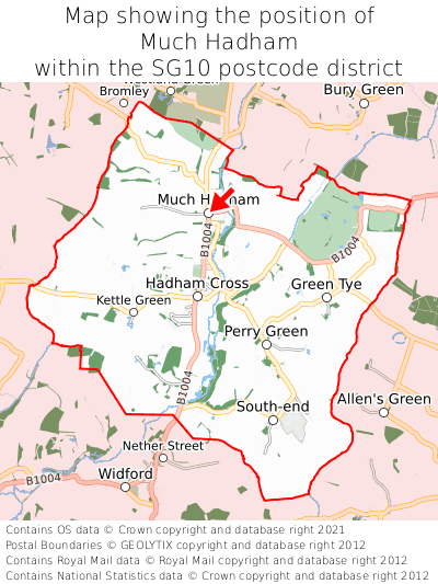 Map showing location of Much Hadham within SG10