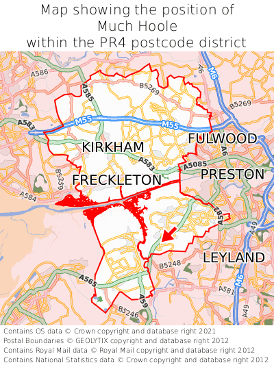 Map showing location of Much Hoole within PR4
