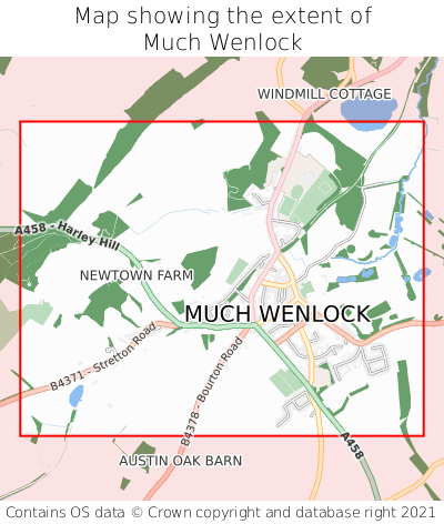 Map showing extent of Much Wenlock as bounding box