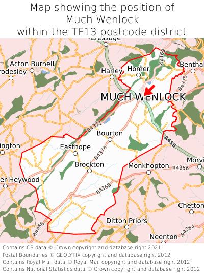 Map showing location of Much Wenlock within TF13