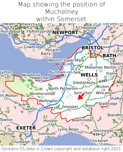Map showing location of Muchelney within Somerset