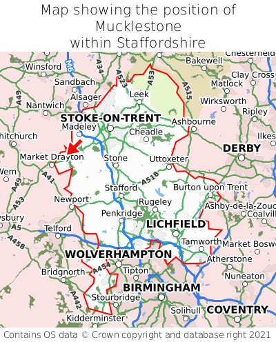 Map showing location of Mucklestone within Staffordshire