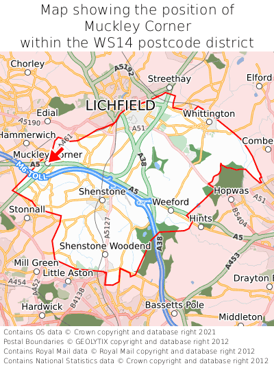 Map showing location of Muckley Corner within WS14