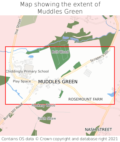 Map showing extent of Muddles Green as bounding box