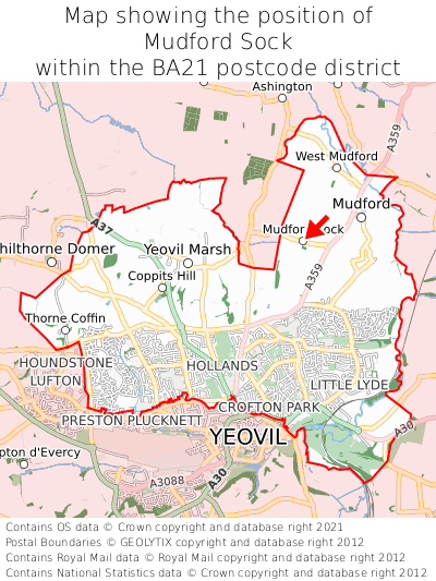 Map showing location of Mudford Sock within BA21