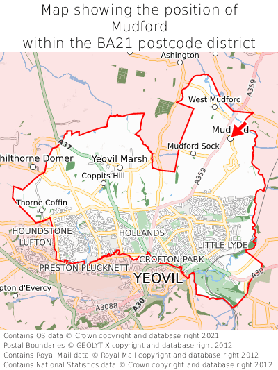 Map showing location of Mudford within BA21