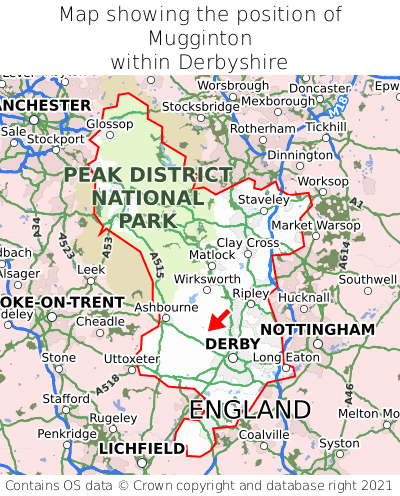 Map showing location of Mugginton within Derbyshire