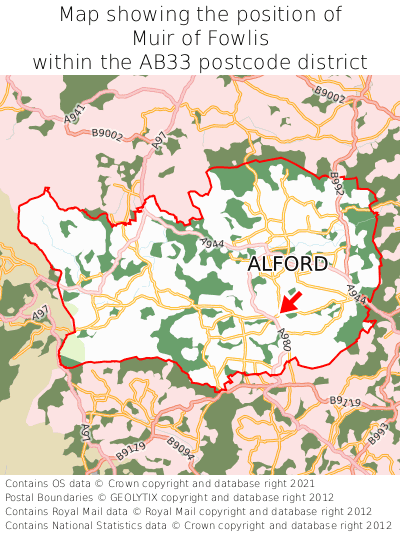 Map showing location of Muir of Fowlis within AB33