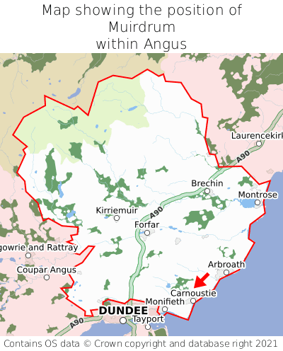 Map showing location of Muirdrum within Angus