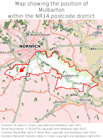 Map showing location of Mulbarton within NR14