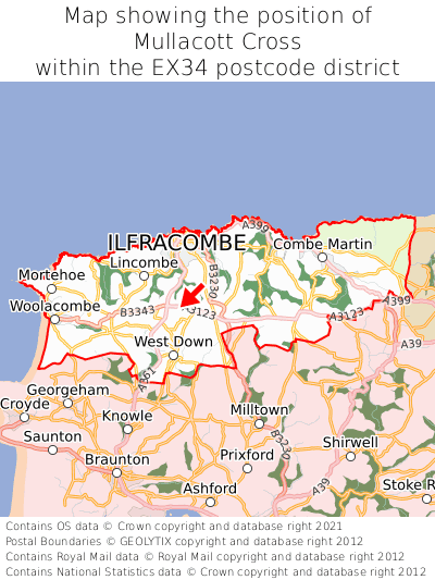 Map showing location of Mullacott Cross within EX34