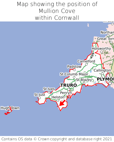 Map showing location of Mullion Cove within Cornwall