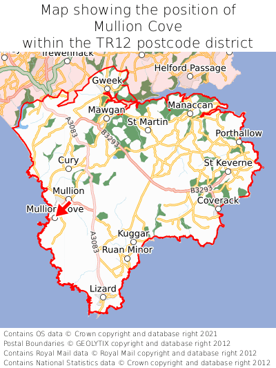 Map showing location of Mullion Cove within TR12