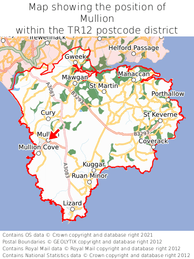 Map showing location of Mullion within TR12
