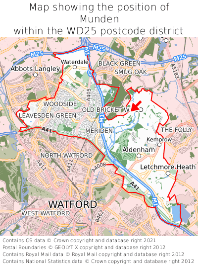 Map showing location of Munden within WD25