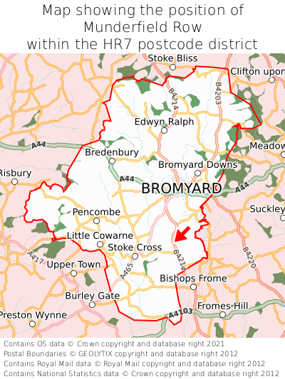 Map showing location of Munderfield Row within HR7
