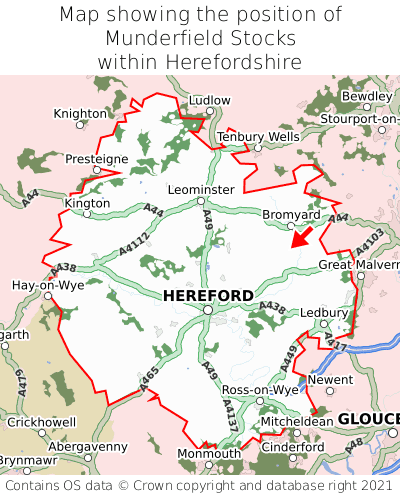 Map showing location of Munderfield Stocks within Herefordshire