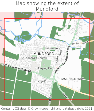 Map showing extent of Mundford as bounding box