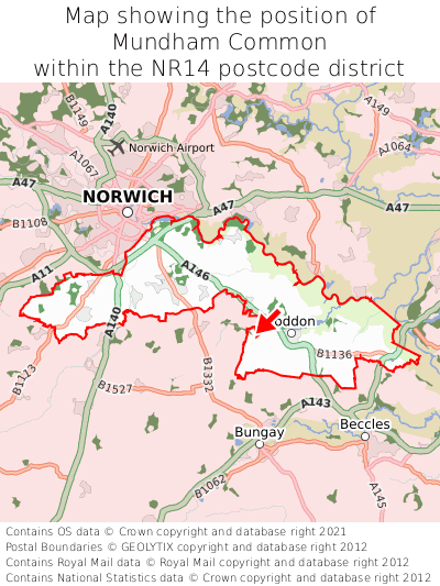 Map showing location of Mundham Common within NR14