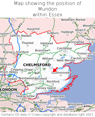 Map showing location of Mundon within Essex