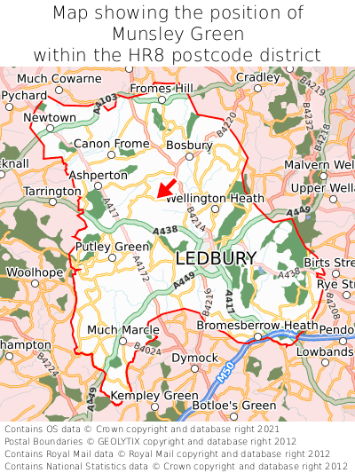 Map showing location of Munsley Green within HR8