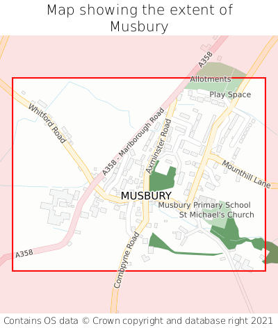 Map showing extent of Musbury as bounding box
