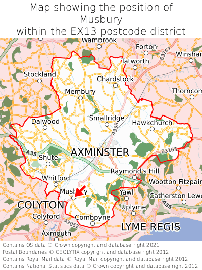 Map showing location of Musbury within EX13